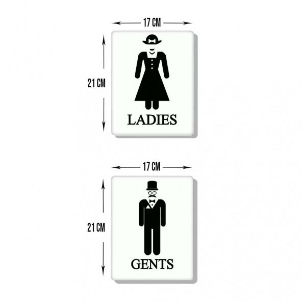 DECORITA Cam Wc Yönlendirme Levhası - 2'li Set Beyaz Ladies - Gents - 21cm x 17cm