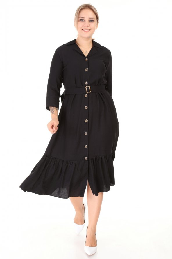 Lir Kadın Büyük Beden Eteği Büzgü Önü Düğmeli Kemerli Truvakar Kol Elbise Siyah 1626