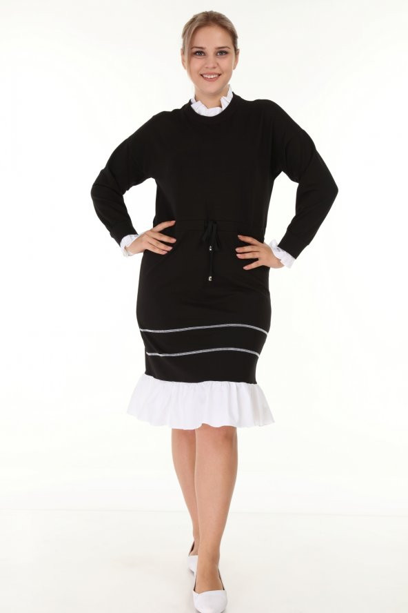 Lir Kadın Büyük Beden Eteği Fırfır Uzun Kol Elbise Siyah L1632