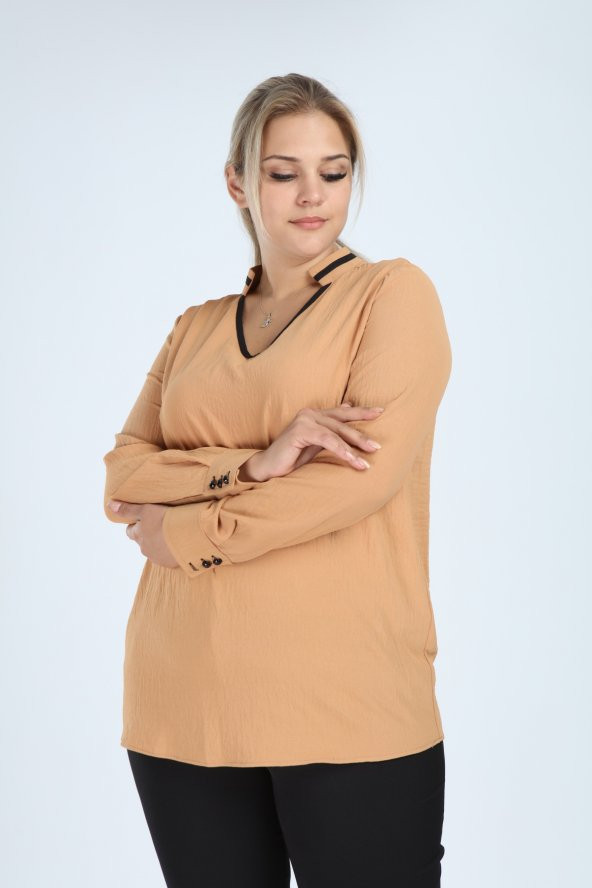 Lir Kadın Büyük Beden Uzun Kol Biyeli V Yaka Bluz Vizon L2324