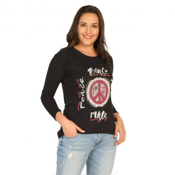 Birse Bayan Önü Baskılı Bluz Siyah 2064 - 2