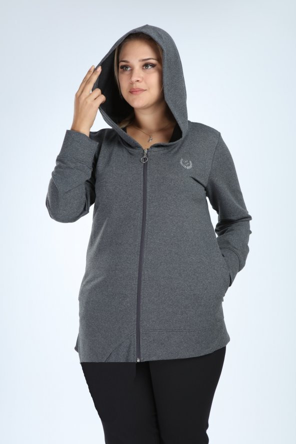 Pianoluce Kadın Büyük Beden Önü Fermuarlı Kapsonlu Cep Fermuarlı Ceket Antrasit P5109 - 3