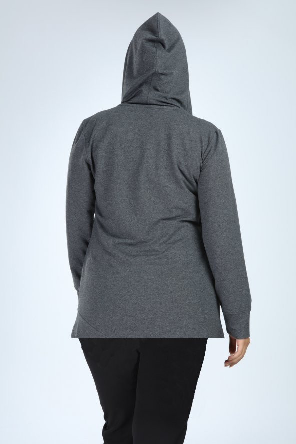 Pianoluce Kadın Büyük Beden Önü Fermuarlı Kapsonlu Cep Fermuarlı Ceket Antrasit P5109 - 4