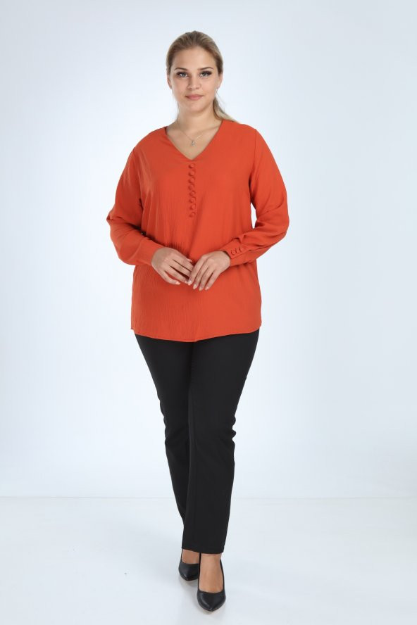 Lir Kadın Büyük Beden Uzun Kol Düğmeli Bluz Tarçın L2323 - 6