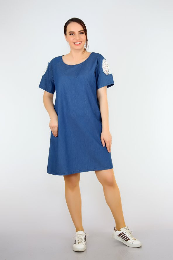 Pianoluce Bayan Denim Kolları Dantel Detaylı Elbise Lacivert 1385 - 2