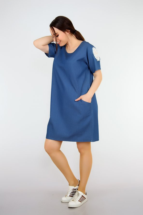 Pianoluce Bayan Denim Kolları Dantel Detaylı Elbise Lacivert 1385 - 4