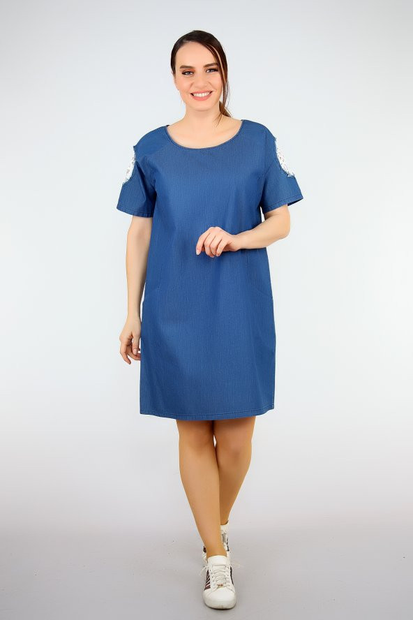 Pianoluce Bayan Denim Kolları Dantel Detaylı Elbise Lacivert 1385 - 5
