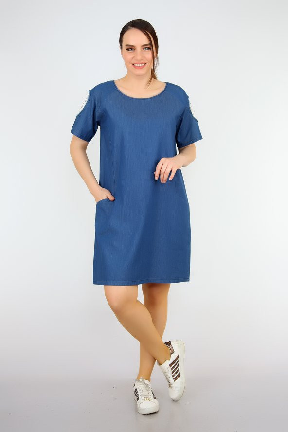 Pianoluce Bayan Denim Kolları Dantel Detaylı Elbise Lacivert 1385 - 6