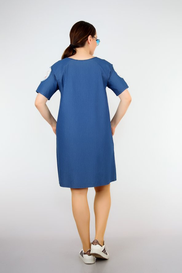 Pianoluce Bayan Denim Kolları Dantel Detaylı Elbise Lacivert 1385 - 7
