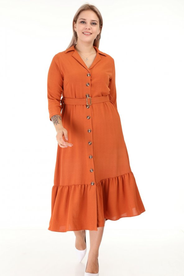 Lir Kadın Büyük Beden Eteği Büzgü Önü Düğmeli Kemerli Truvakar Kol Elbise Orange 1626