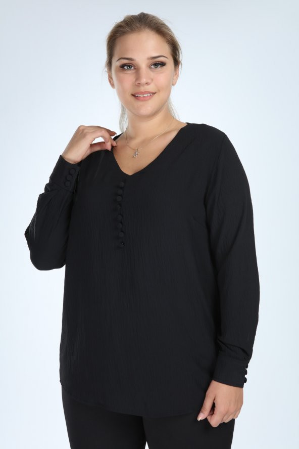 Lir Kadın Büyük Beden Uzun Kol Düğmeli Bluz Siyah L2323