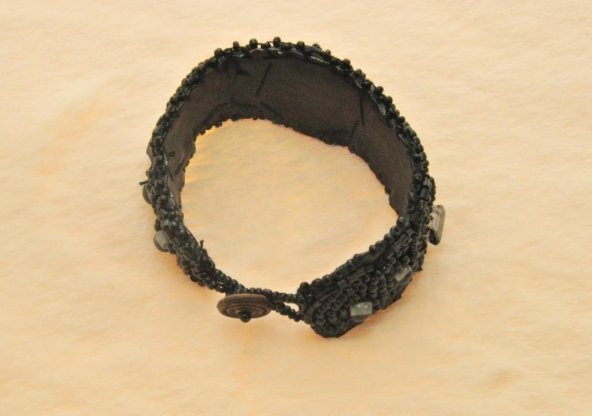 Hdmarketim Deri Üzerine El İşlemeli Sedef Boncuk Bileklik Siyah - 5