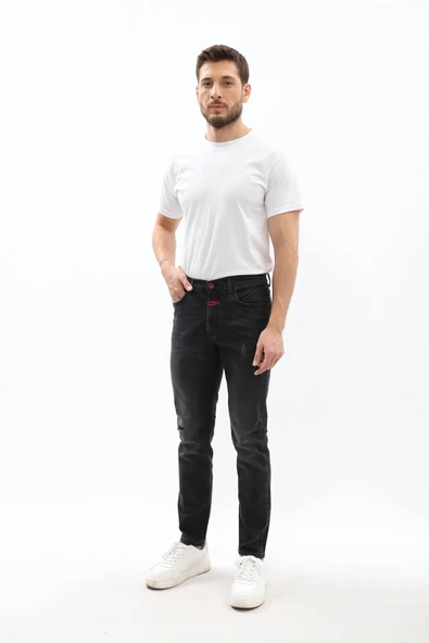 Erkek Yama Detaylı Kırmızı Nakış Likralı Jean Pantolon - 3