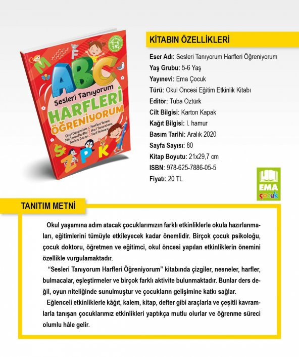 HARFLERİ ÖĞRENİYORUM SESLERİ TANIYORUM OKUL ÖNCESİ EĞİTİM KİTAP - 2