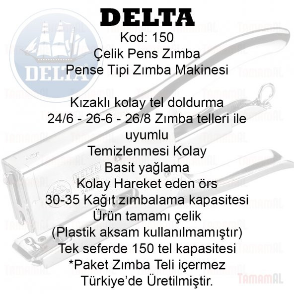 DELTA PENS TİPİ 100 ÇELİK ZIMBA MAKİNESİ (35 KAĞIT) 24/6 150 TEL - 4