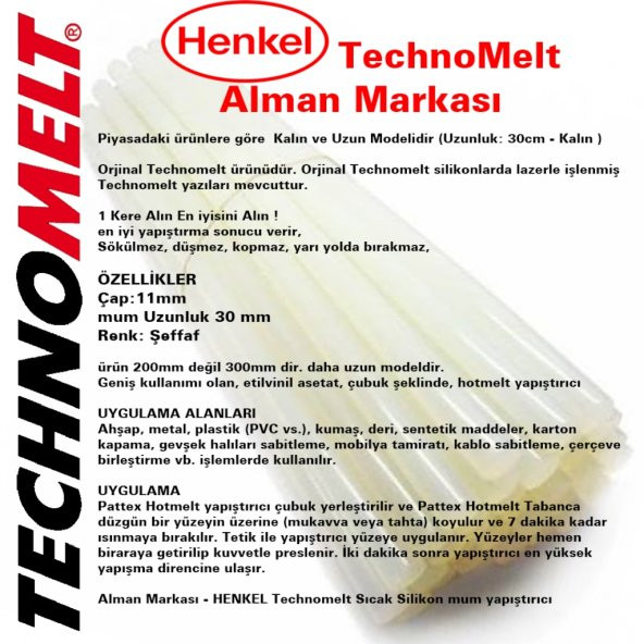 HENKEL (ALMAN MARKASI) TechnoMelt Sıcak Silikon KALIN ŞEFFAF MUM - 10