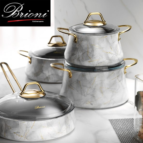 Brioni Marble 7 Parça Tencere Seti Beyaz - 5
