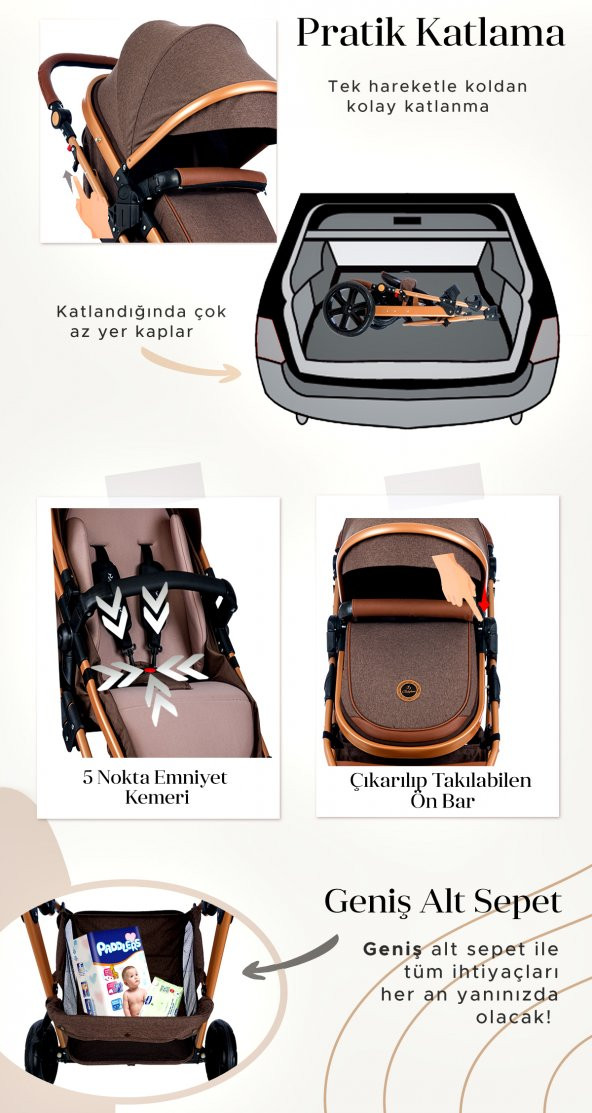 Baby Home 935 Travel Sistem Bebek Arabası 505 Maya Anne Yanı Sepet Beşik Yenidoğan 7in1 Set - 9