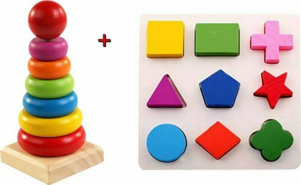 Hamaha Wooden Toys Ahşap Eğitici Geliştirici Zeka Blok Geometri Şekil Bul Tak+Kule 2Li Set