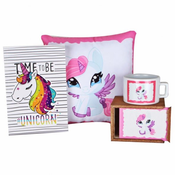 Papçik Unicorn Puf Yastık Unicorn Doğal Ahşap Kutulu Kupa Unicorn Defter Hediye Seti