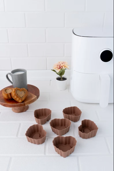 6lı Silikon Kalp Muffin Airfryer Kek Kalıbı ve Pasta Süsleme Şablonu, Kahve, Tatlı Şekillendirici Süsleme Aparatı İkili Set - 4