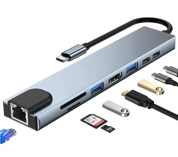 Technow 8 in 1 4K Type C USB 3.0 Hub HDMI RJ45 SDTF Adaptörü - 6