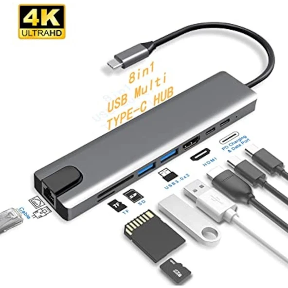 Technow 8 in 1 4K Type C USB 3.0 Hub HDMI RJ45 SDTF Adaptörü - 2