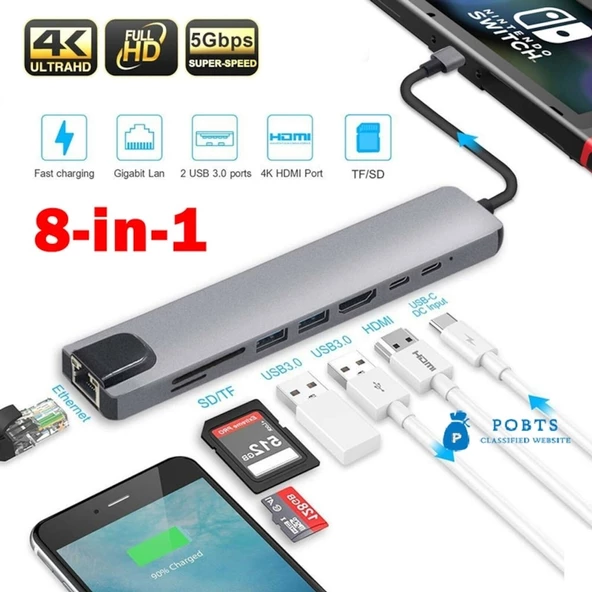 Technow 8 in 1 4K Type C USB 3.0 Hub HDMI RJ45 SDTF Adaptörü