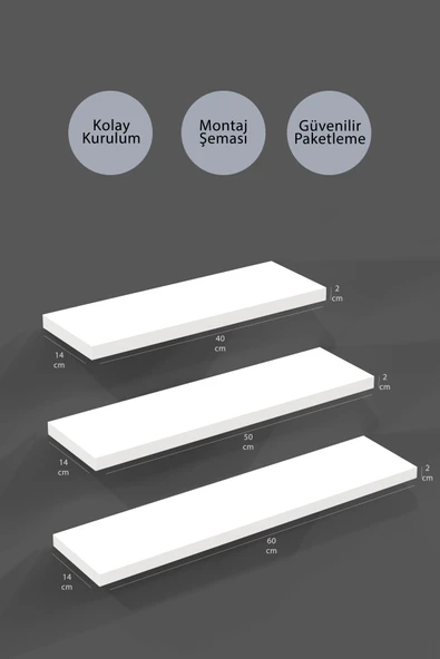yankı-byeg 40 Cm 50 Cm 60 Cm Üçlü Beyaz Mdf Uçan Duvar Rafı Gizli Bağlantı Kitaplık - Resim 2
