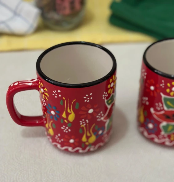 Çini El İşlemeli Seramik Dantel Desen Kırmızı Kupa Bardak (2 adet)