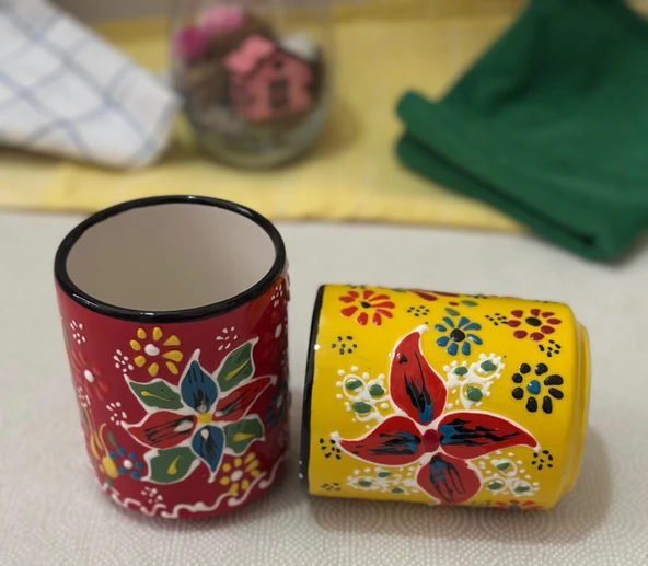 Çini El İşlemeli Seramik Dantel Desen 2li Sarı/Kırmızı Kupa Bardak