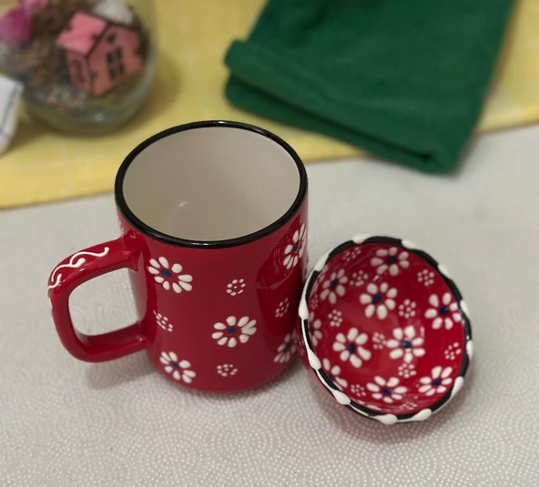 Kırmızı  Renk Papatya Desen Çay Kahve Kupa Lokumluk Kase 1 adet - 2