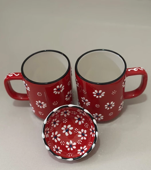 Kırmızı  Papatya İşlemeli 2 li Çay Kahve Kupa ve 1 adet Kırmızı Lokumluk Kase - 6