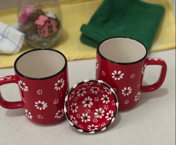 Kırmızı  Papatya İşlemeli 2 li Çay Kahve Kupa ve 1 adet Kırmızı Lokumluk Kase - 7