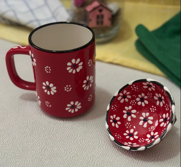 Kırmızı Renk Papatya Desen Çay Kahve Kupa Lokumluk Kase 1 adet - 4