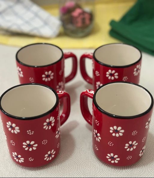 Kırmızı Papatya İşlemeli 2 li Çay Kahve Kupa ve 1 adet Kırmızı Lokumluk Kase - 5
