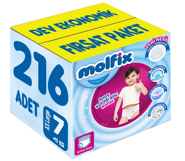 Molfix Külot Bebek Bezi Beden:7 (19+KG) XX Large 216 Adet Dev Ekonomik Fırsat Pk