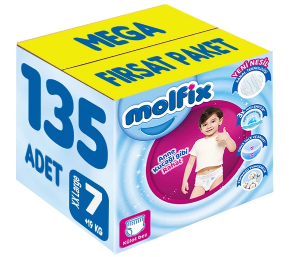 Molfix Külot Bebek Bezi Beden:7 (19+KG) XX Large 135 Adet Mega Fırsat Pk