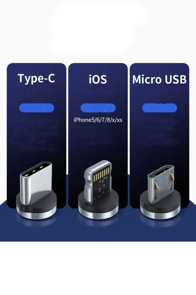 3in1 Manyetik Şarj Kablosu – Micro USB, Type-C, Lightning Uyumlu, Değiştirilebilir Uçlu Data Kablosu - 2