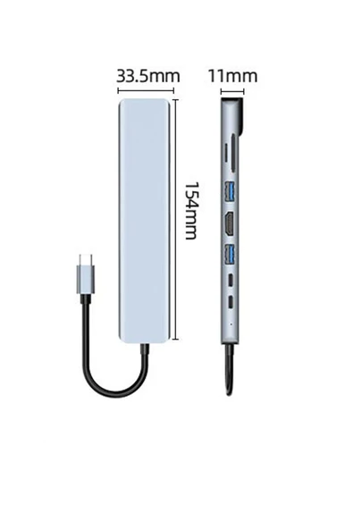 Alüminyum Type-C Çok Fonksiyonlu Dock Station – 8in1 HDMI 4K, USB 3.0, Hızlı Şarj Destekli Hub Adaptör - 4