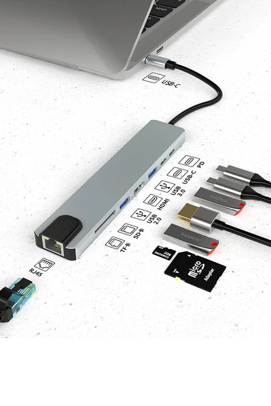 Alüminyum Type-C Çok Fonksiyonlu Dock Station – 8in1 HDMI 4K, USB 3.0, Hızlı Şarj Destekli Hub Adaptör