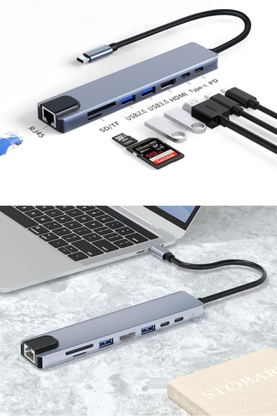 Alüminyum Type-C Çok Fonksiyonlu Dock Station – 8in1 HDMI 4K, USB 3.0, Hızlı Şarj Destekli Hub Adaptör - 2