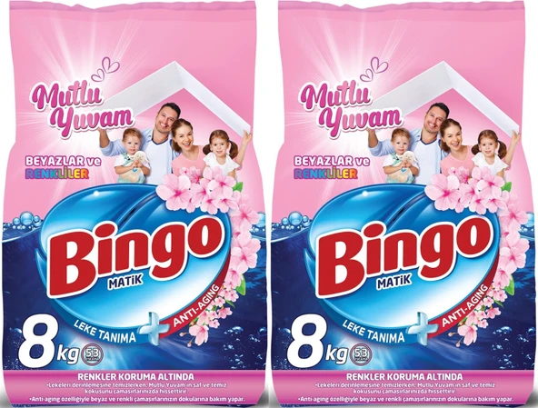 Bingo Matik Toz Çamaşır Deterjanı 16KG Beyazlar ve Renkliler 106 Yıkama (Mutlu Yuvam)