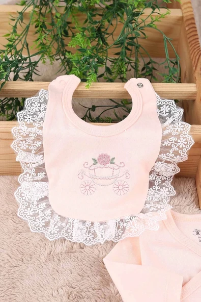 Çiçekli Araba Nakışlı Dantelli 5'li Kız Bebek Hastane Çıkışı 0-3 Ay Somon - 4