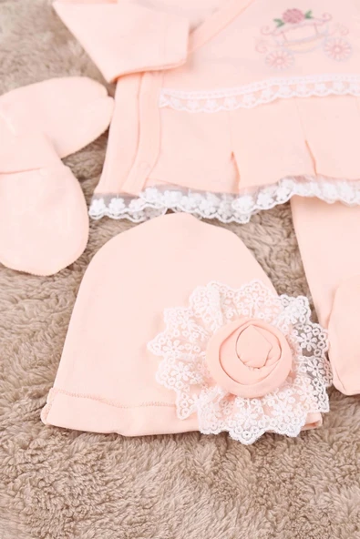 Çiçekli Araba Nakışlı Dantelli 5'li Kız Bebek Hastane Çıkışı 0-3 Ay Somon - 2