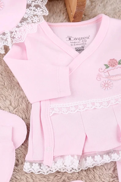 Çiçekli Araba Nakışlı Dantelli 5'li Kız Bebek Hastane Çıkışı 0-3 Ay Pembe ürün görseli