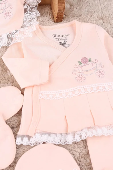 Çiçekli Araba Nakışlı Dantelli 5'li Kız Bebek Hastane Çıkışı 0-3 Ay Somon - 7