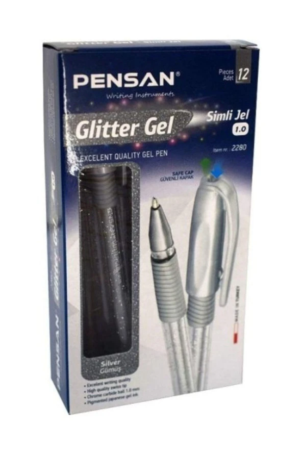 Pensan Gümüş Simli Jel Tükenmez Kalem Jel Simli 1.0 MM Gümüş (12 Li Paket)