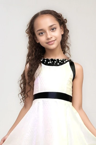 Kız Çocuk Göğsü İnci Boncuk Beli ve Etek Ucu Şerit Detaylı Beyaz Saten Elbise - Resim 4