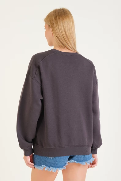 Kadın 3 İp Şardonlu Sıfır Yaka Oversize Sweatshirt Füme - 6